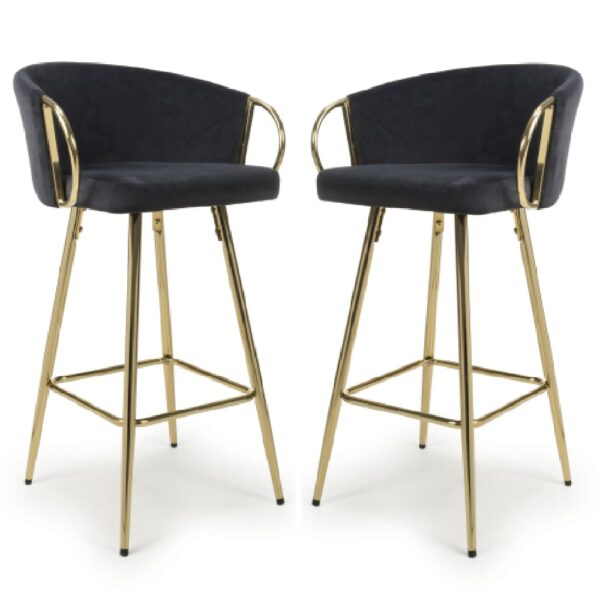 Visalia Black Velvet Bar Stools With Gold Legs In Pair