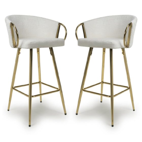 Visalia Cream Fabric Bar Stools With Gold Legs In Pair